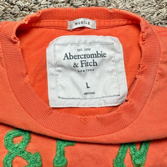 Abercrombie Fitch Distressed Mens T-Shirt Large Single Stitch Number 9 Orange - Picture 7 of 7